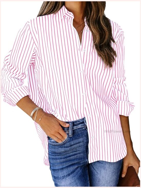 Tops - Striped V-Neck Cotton Button Down Long Sleeve Blouse Tunic